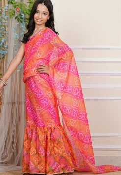 Bandhej Printed Kota Silk Gown with Attached Dupatta in Multicolor