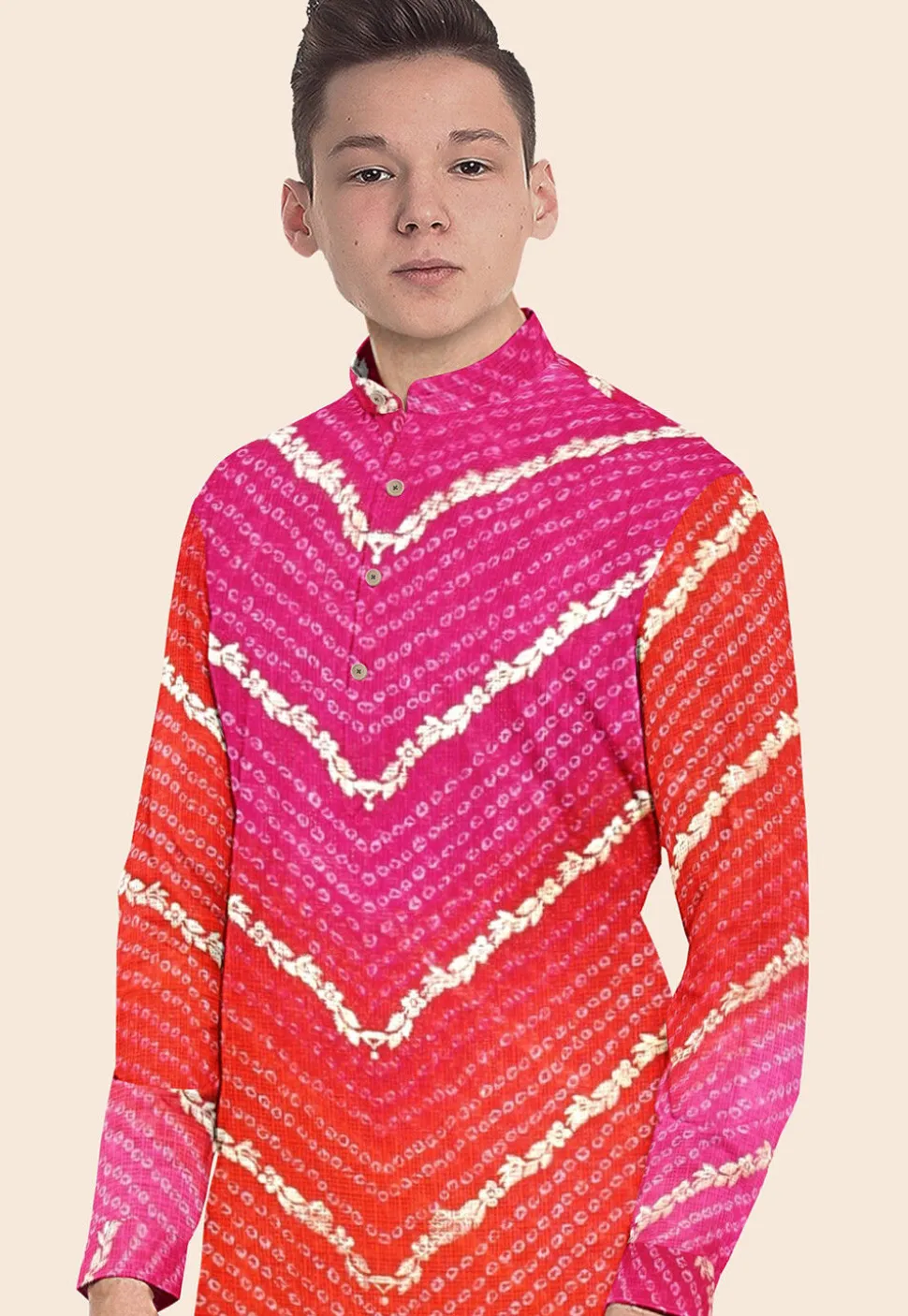 Bandhej Printed Kota Silk Kurta Set in Shaded Orange and Pink