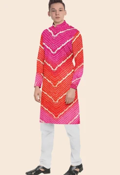 Bandhej Printed Kota Silk Kurta Set in Shaded Orange and Pink
