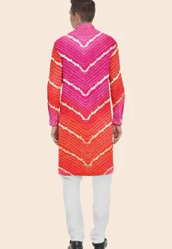 Bandhej Printed Kota Silk Kurta Set in Shaded Orange and Pink