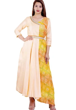 Bandhej Printed Kota Silk Asymmetric Kurta in Peach and Yellow