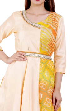 Bandhej Printed Kota Silk Asymmetric Kurta in Peach and Yellow