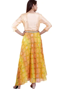 Bandhej Printed Kota Silk Asymmetric Kurta in Peach and Yellow