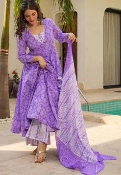 Bandhej Printed Muslin Cotton A Line Suit in Purple