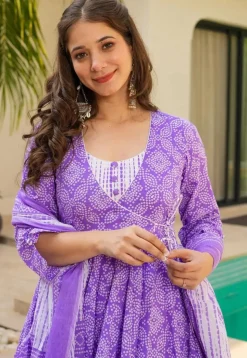Bandhej Printed Muslin Cotton A Line Suit in Purple