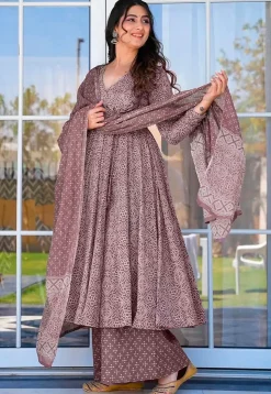 Bandhej Printed Muslin Cotton Pakistani Suit in Old Rose