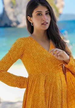 Bandhej Printed Muslin Cotton Pakistani Suit in Mustard