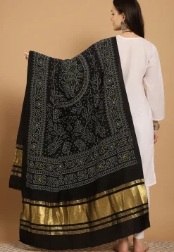 Bandhej Printed Muslin Silk Dupatta in Black
