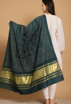 Bandhej Printed Muslin Silk Dupatta in Dark Teal Green