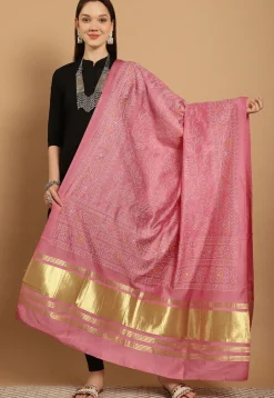 Bandhej Printed Muslin Silk Dupatta in Pink