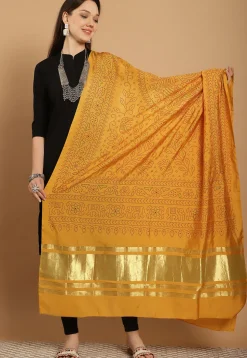 Bandhej Printed Muslin Silk Dupatta in Mustard