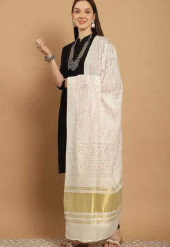 Bandhej Printed Muslin Silk Dupatta in Off White