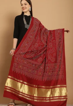 Bandhej Printed Muslin Silk Dupatta in Maroon