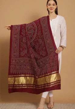 Bandhej Printed Muslin Silk Dupatta in Maroon