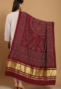 Bandhej Printed Muslin Silk Dupatta in Maroon