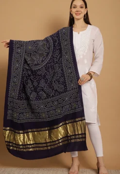 Bandhej Printed Muslin Silk Dupatta in Navy Blue