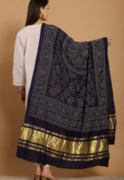 Bandhej Printed Muslin Silk Dupatta in Navy Blue
