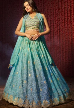 Bandhej Printed  Organza Lehenga in Blue