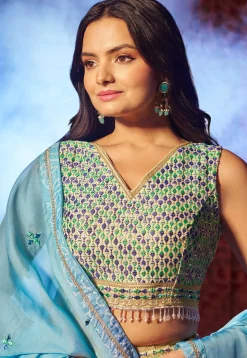 Bandhej Printed  Organza Lehenga in Blue