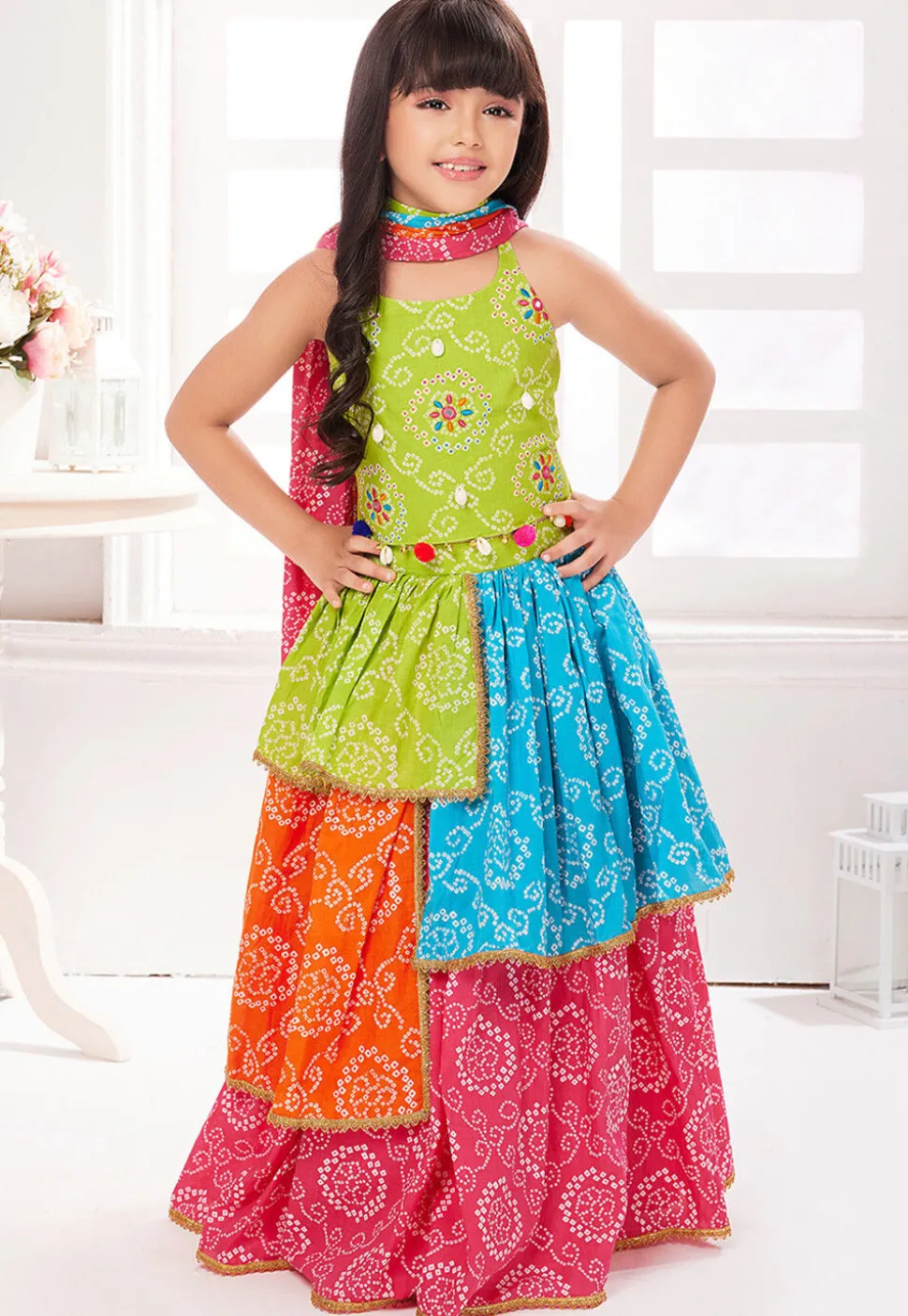 Bandhej Printed Poly Cotton Lehenga in Multicolor