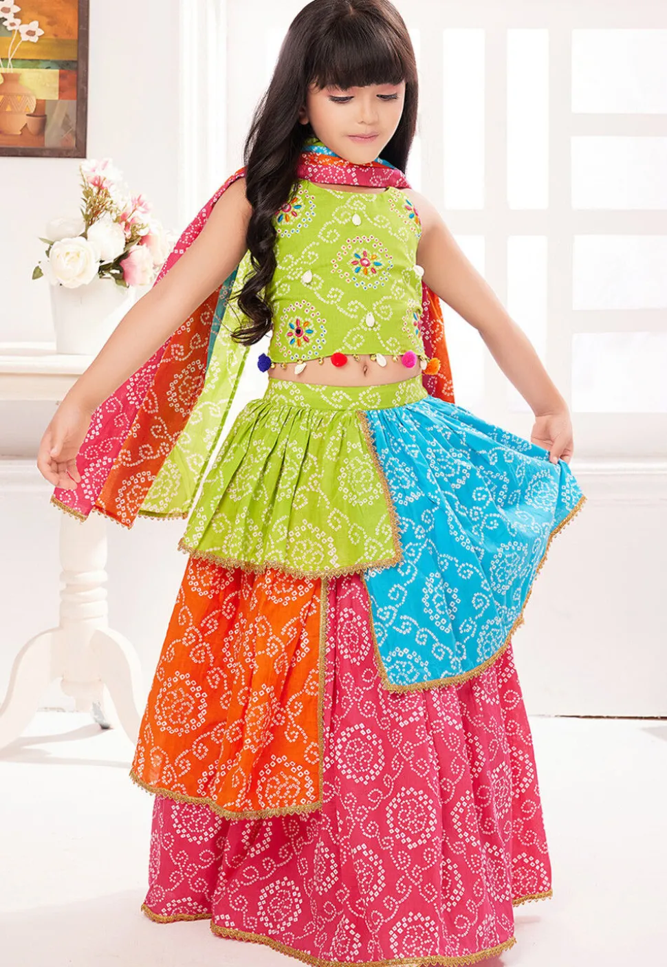 Bandhej Printed Poly Cotton Lehenga in Multicolor