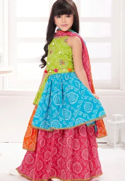 Bandhej Printed Poly Cotton Lehenga in Multicolor