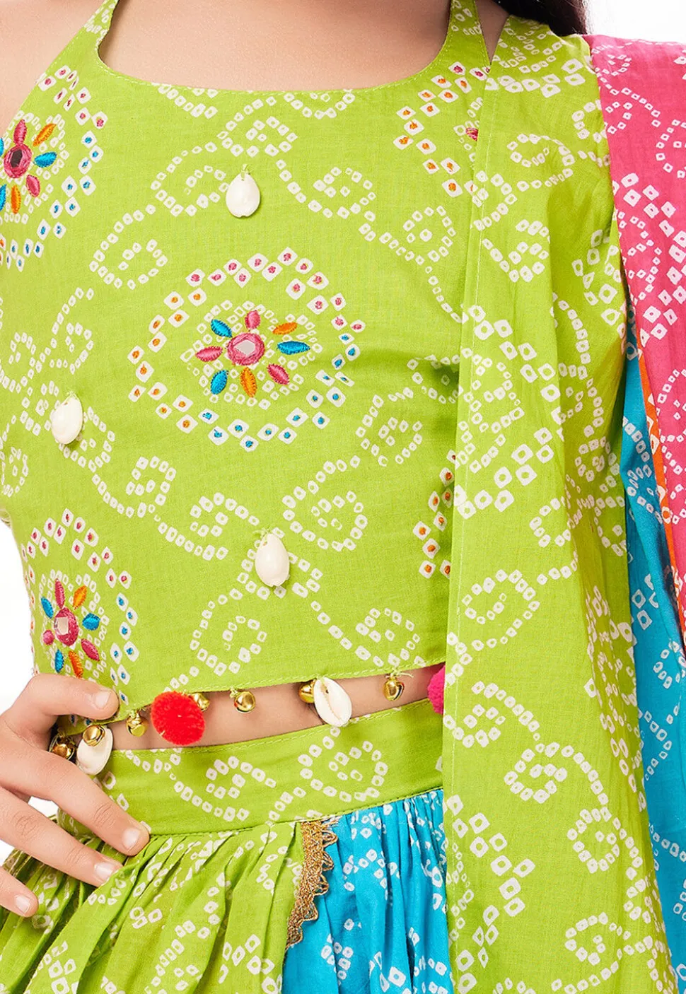 Bandhej Printed Poly Cotton Lehenga in Multicolor