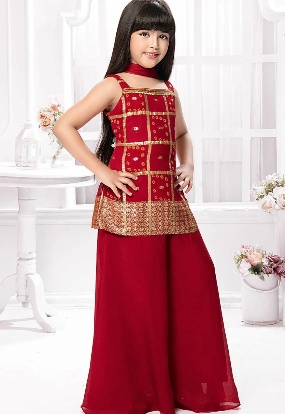 Bandhej Printed Polyester Pakistani Suit in Maroon
