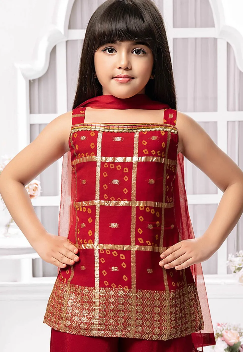 Bandhej Printed Polyester Pakistani Suit in Maroon