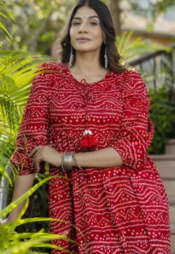 Bandhej Printed Polyester Aline Dress in Red