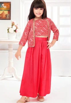 Bandhej Printed Polyester Crop Top Set in Pink