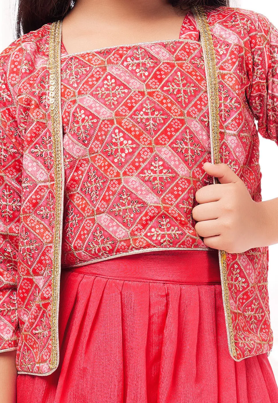 Bandhej Printed Polyester Crop Top Set in Pink