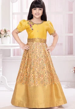 Bandhej Printed Polyester Gown in Beige and Yellow