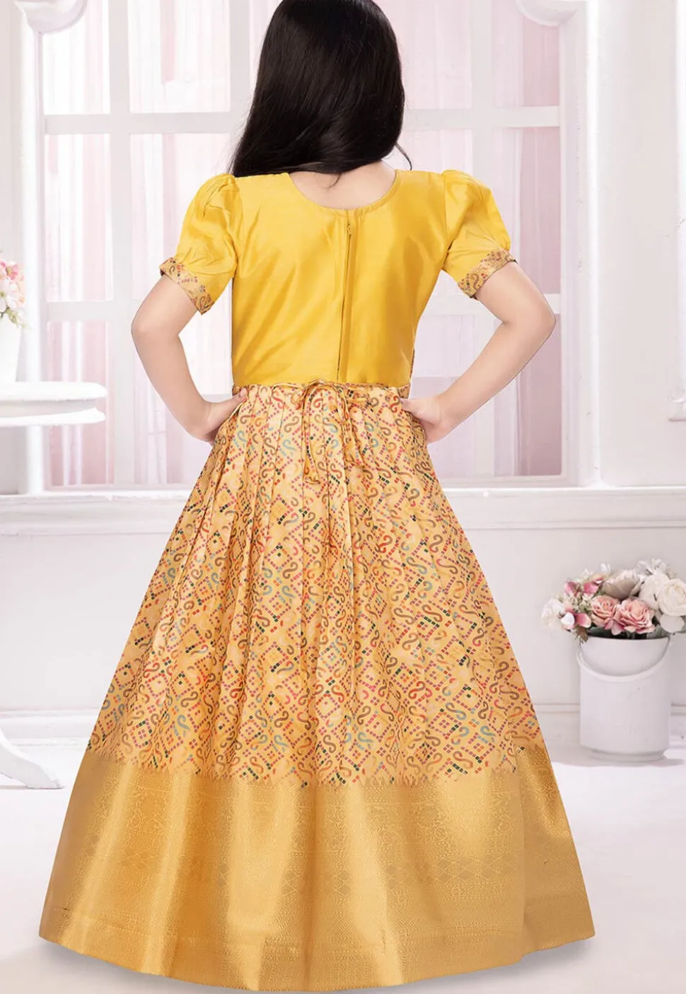 Bandhej Printed Polyester Gown in Beige and Yellow