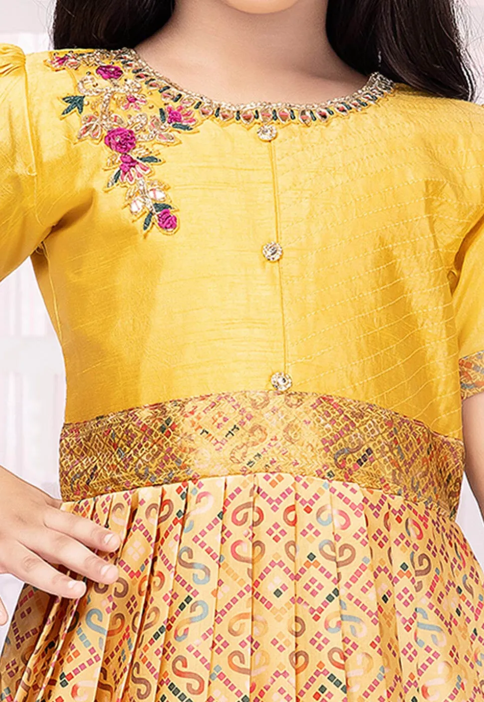 Bandhej Printed Polyester Gown in Beige and Yellow