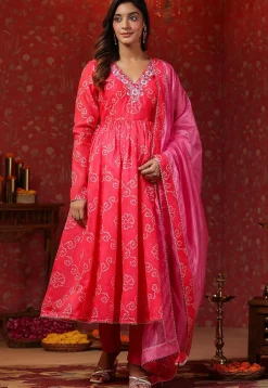 Bandhej Printed Pure Chanderi Silk Aline Suit in Fuchsia
