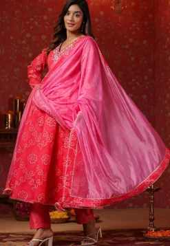 Bandhej Printed Pure Chanderi Silk Aline Suit in Fuchsia