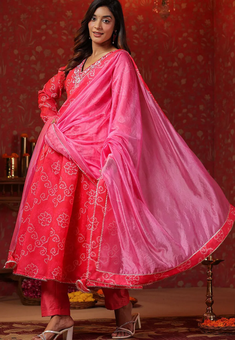 Bandhej Printed Pure Chanderi Silk Aline Suit in Fuchsia
