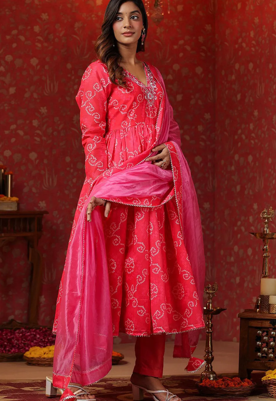 Bandhej Printed Pure Chanderi Silk Aline Suit in Fuchsia
