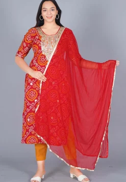 Bandhej Printed Pure Chinon Crepe Straight Suit in Red