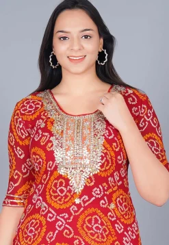 Bandhej Printed Pure Chinon Crepe Straight Suit in Red