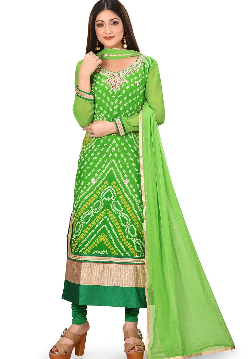 Bandhej Printed Pure Chinon Crepe Straight Suit in Light Green