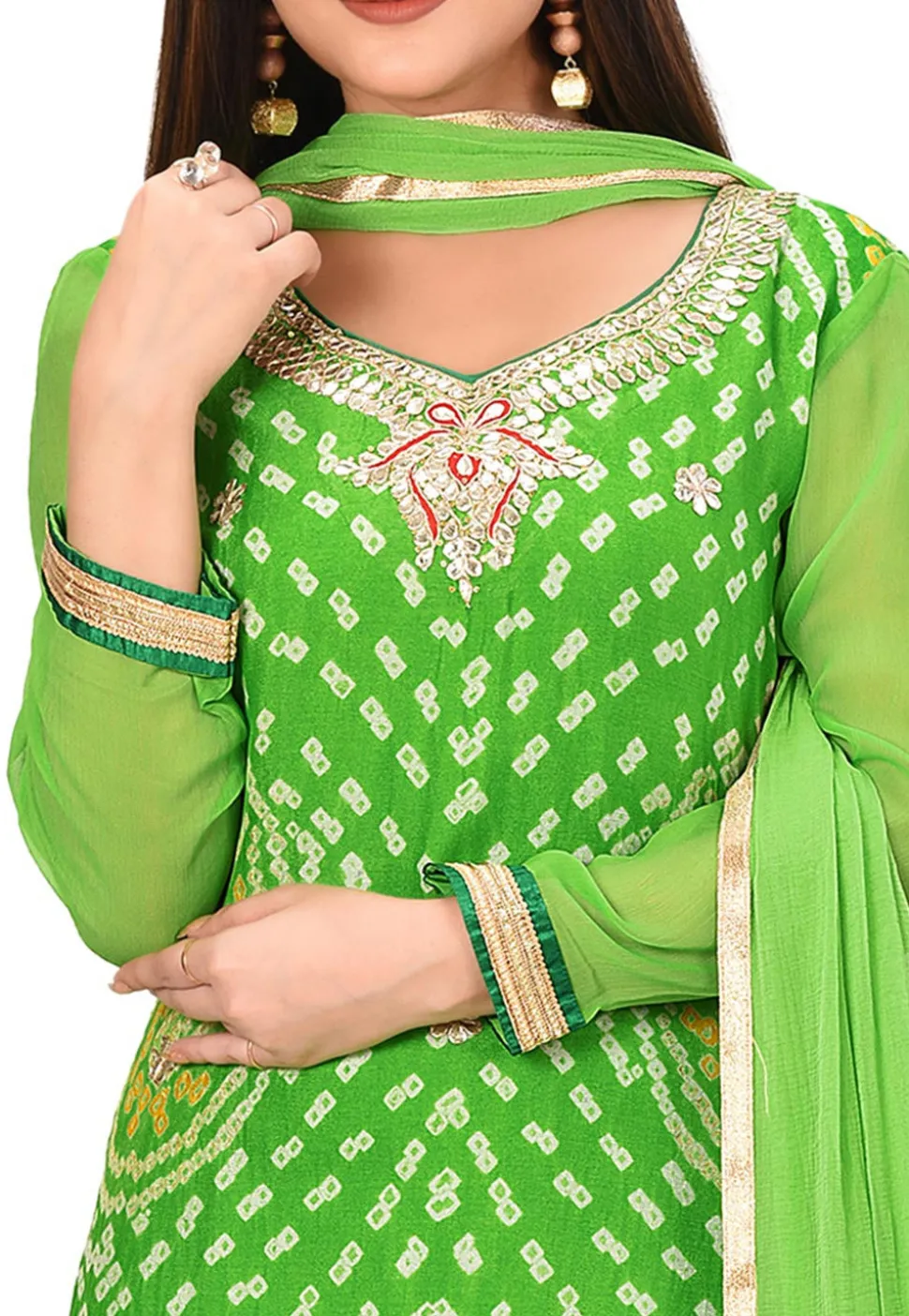 Bandhej Printed Pure Chinon Crepe Straight Suit in Light Green
