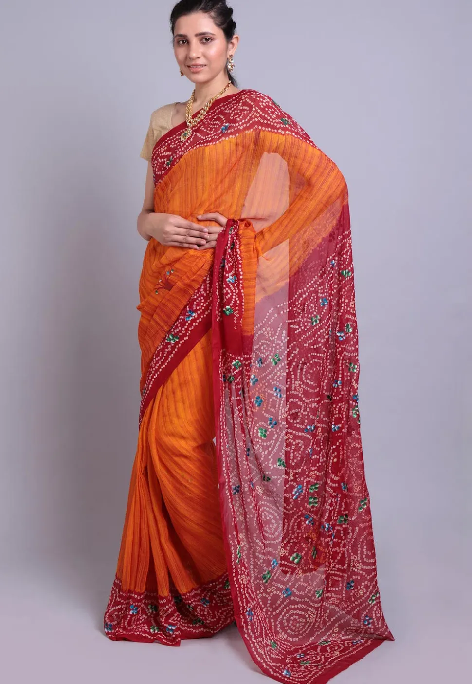Bandhej Printed Pure Chinon Crepe Saree in Orange