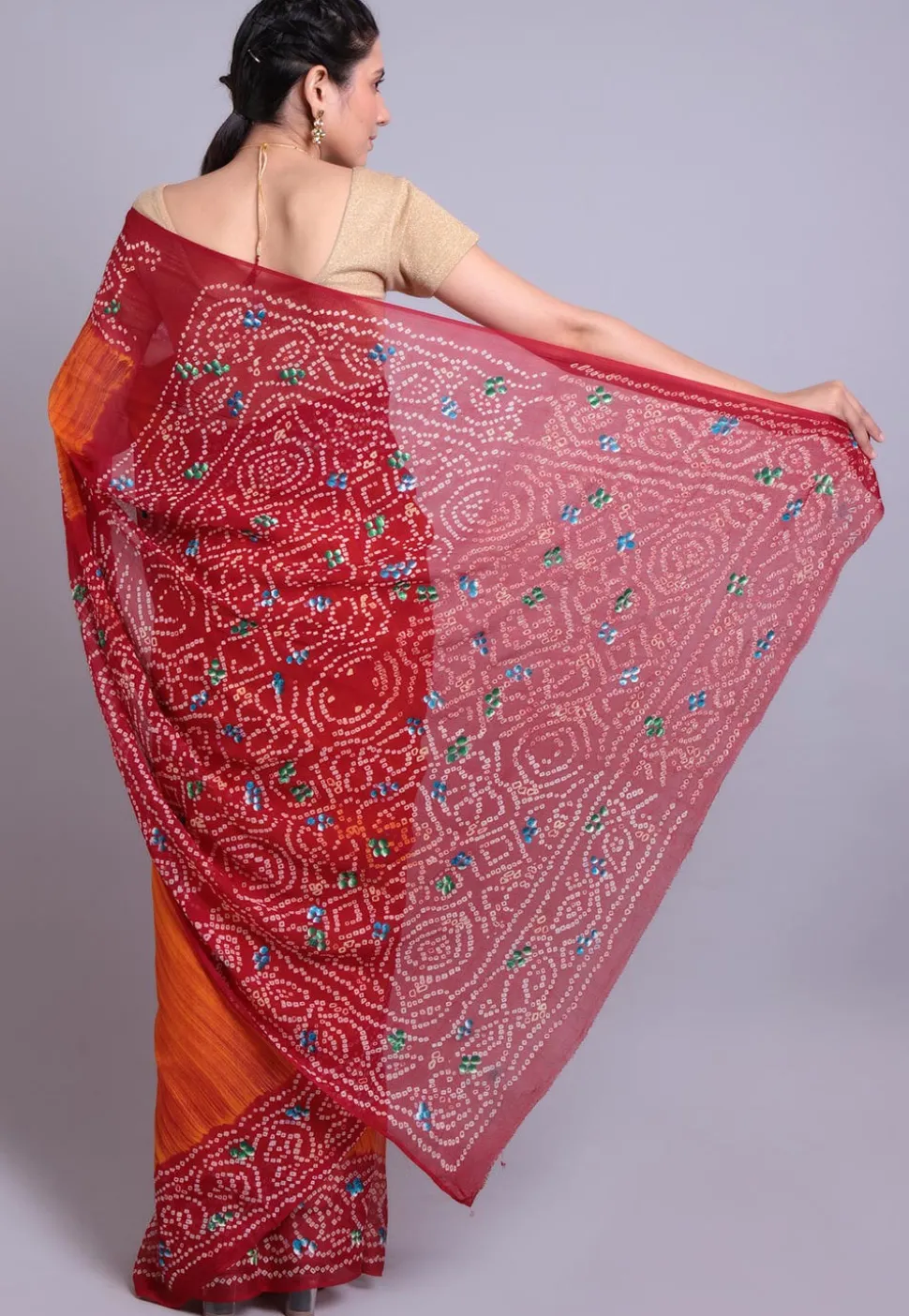 Bandhej Printed Pure Chinon Crepe Saree in Orange