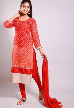 Bandhej Printed Pure Chinon Crepe Straight Suit in Red