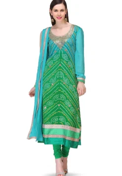Bandhej Printed Pure Chinon Crepe Straight Cut Suit in Ombre Green