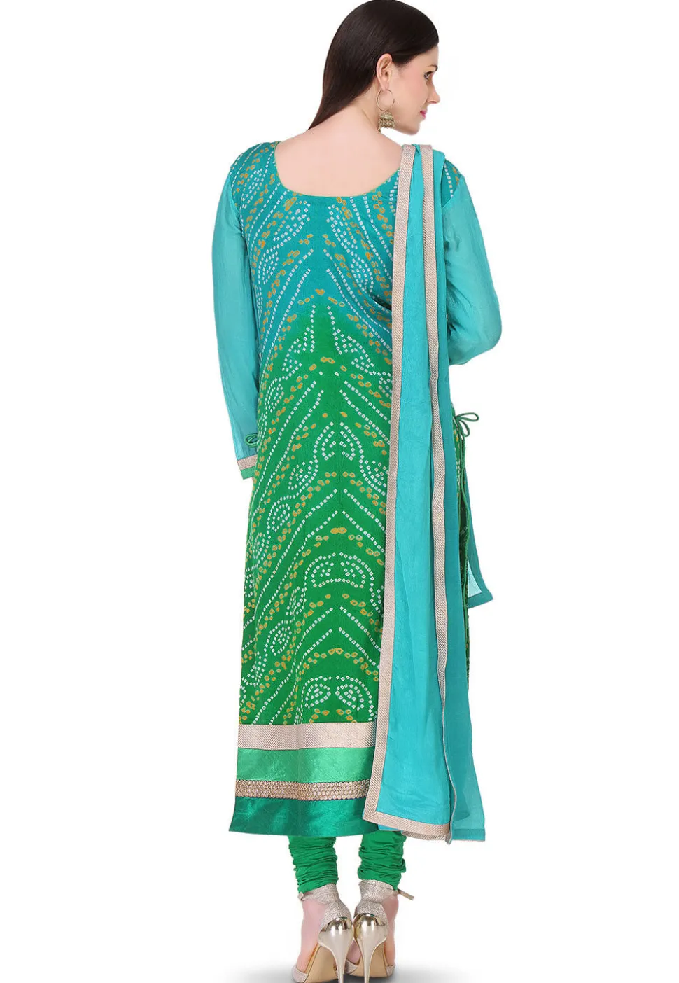 Bandhej Printed Pure Chinon Crepe Straight Cut Suit in Ombre Green