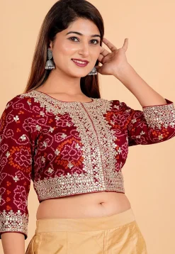 Bandhej Printed Pure Chinon Crepe Blouse in Maroon