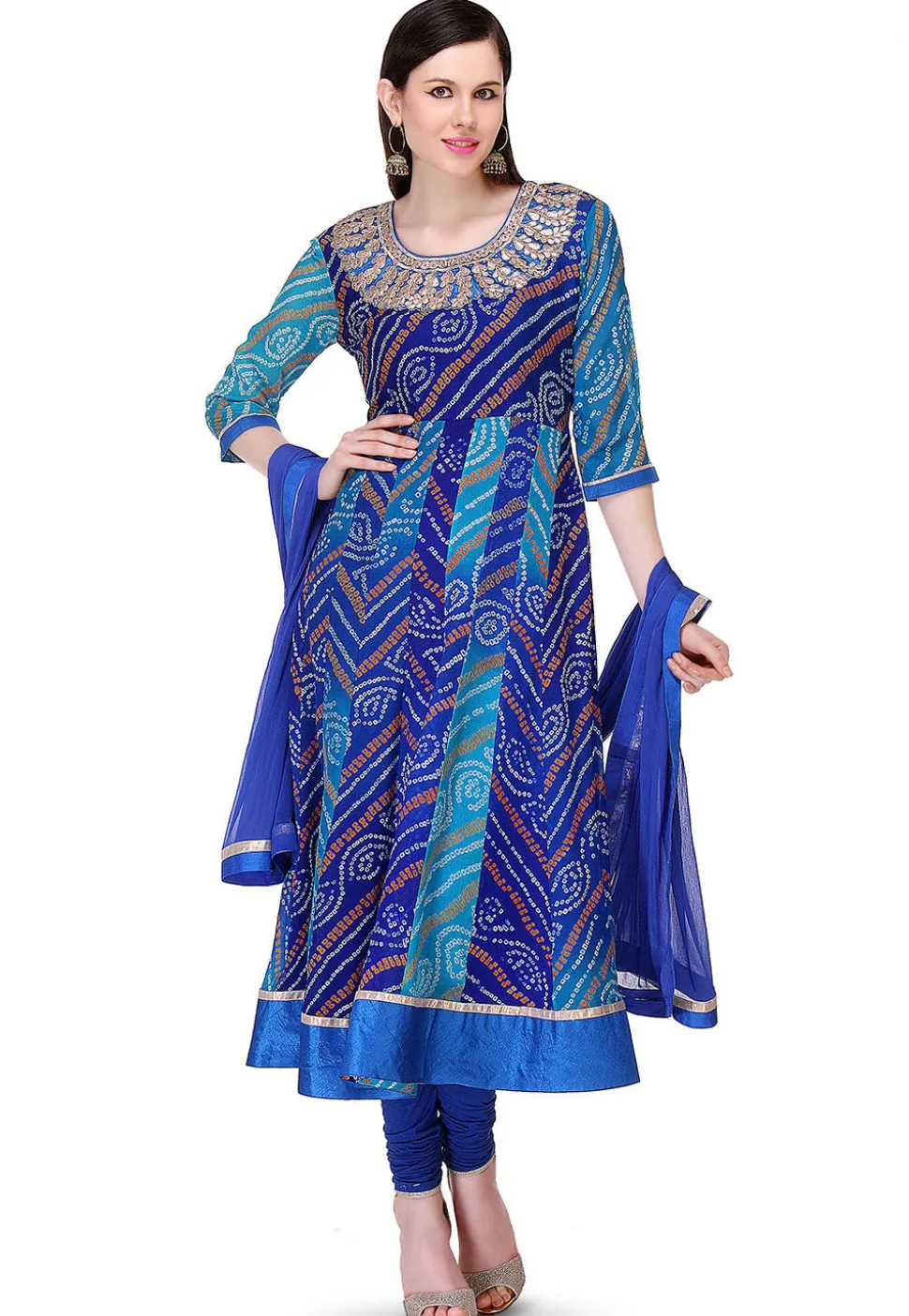 Bandhej Printed Pure Chinon Crepe Anarkali Suit in Blue